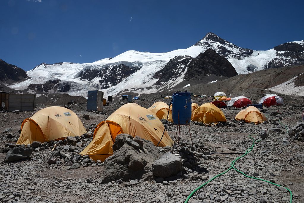 02 My Inka Expediciones Tent At Aconcagua Plaza de Mulas Base Camp 4360m With Horcones Glacier, Cerro de los Horcones, Cerro Cuerno Behind